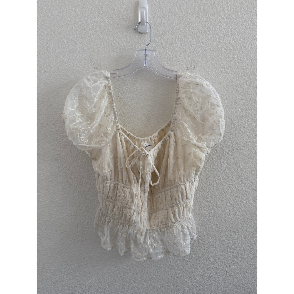 Cream Floral Embroidered Mesh Smocked Puff Sleeve Crop Top Large